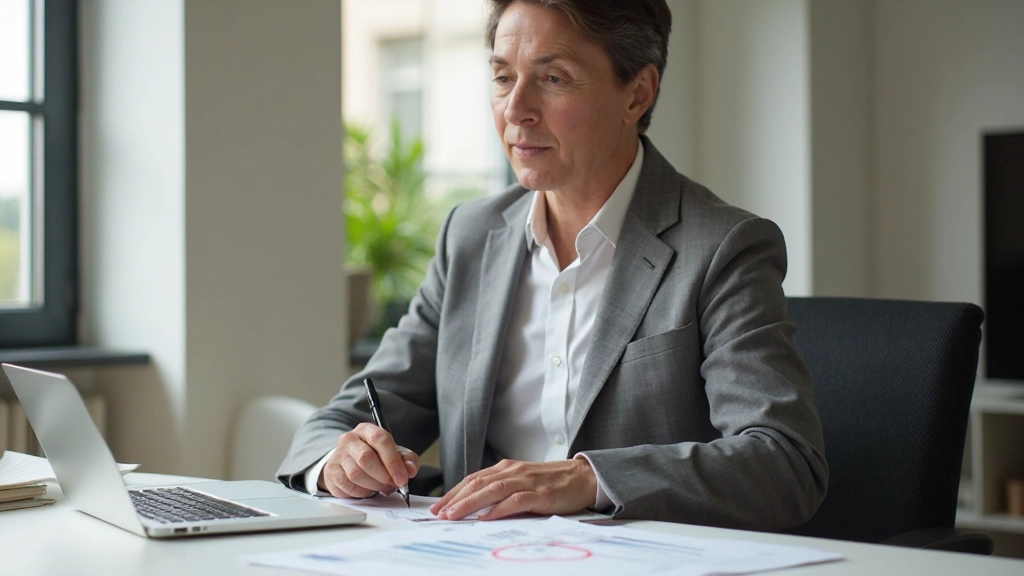 Professionelle Aufnahme einer Person, die konzentriert am Schreibtisch an Finanzplanung arbeitet mit Diagrammen und Notizen