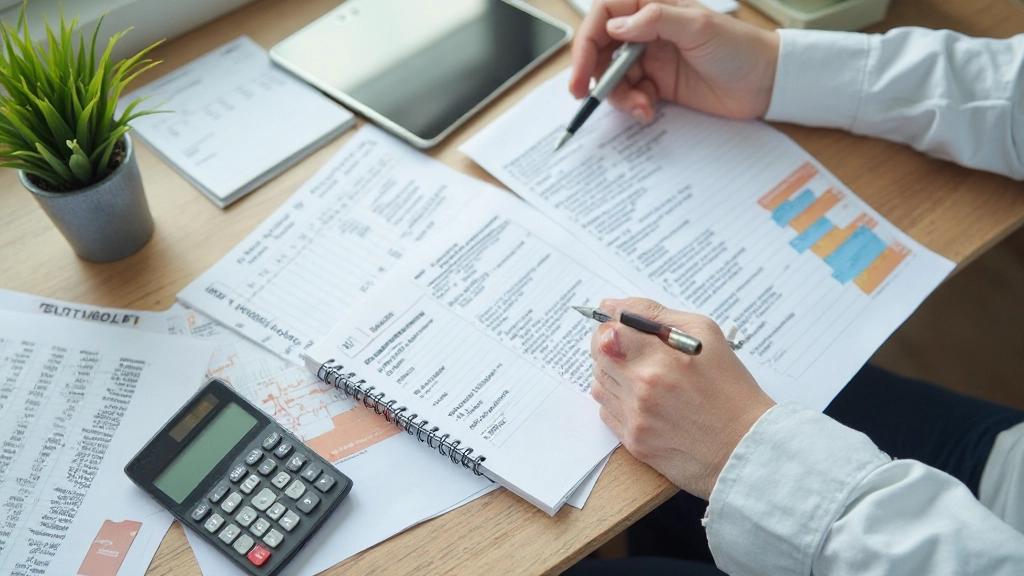 Budgetplanung mit Taschenrechner und Finanzunterlagen auf Schreibtisch