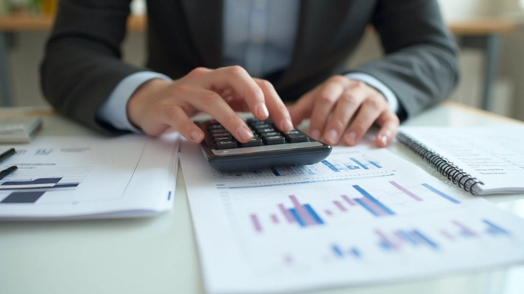 Professionelle Darstellung eines modernen Arbeitsplatzes mit Finanzunterlagen, Taschenrechner und Notizblock für Budgetplanung